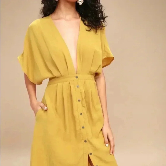 Lost + Wander Poppy Mustard Yellow Button-Up Midi Dress - Picture 4 of 13